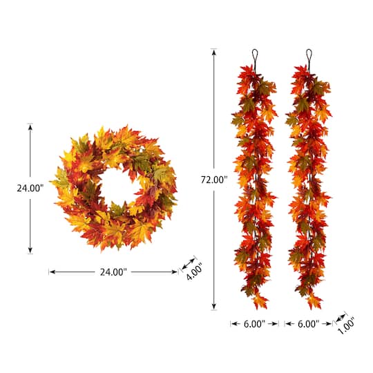 Glitzhome® Lighted Fall Maple Leaves Garland & Wreath Set